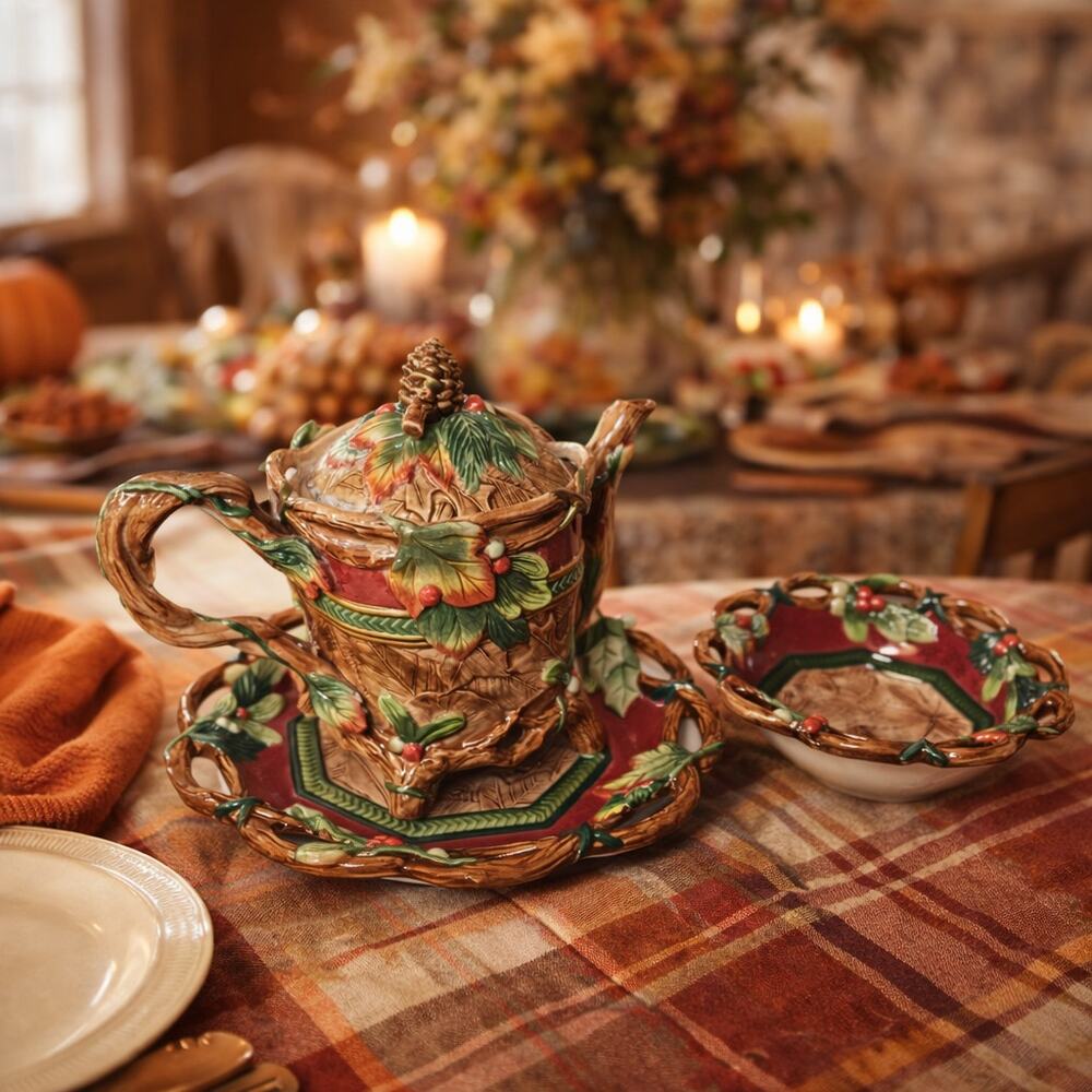 Fitz and Floyd Christmas Lodge Pinecone Leaf Teapot Plate Bowl 3 Piece Set